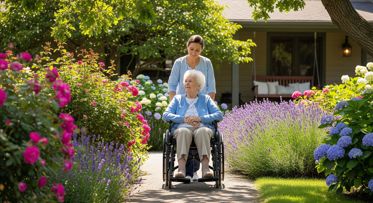 Home healthcare assistant helping senior in wheelchair