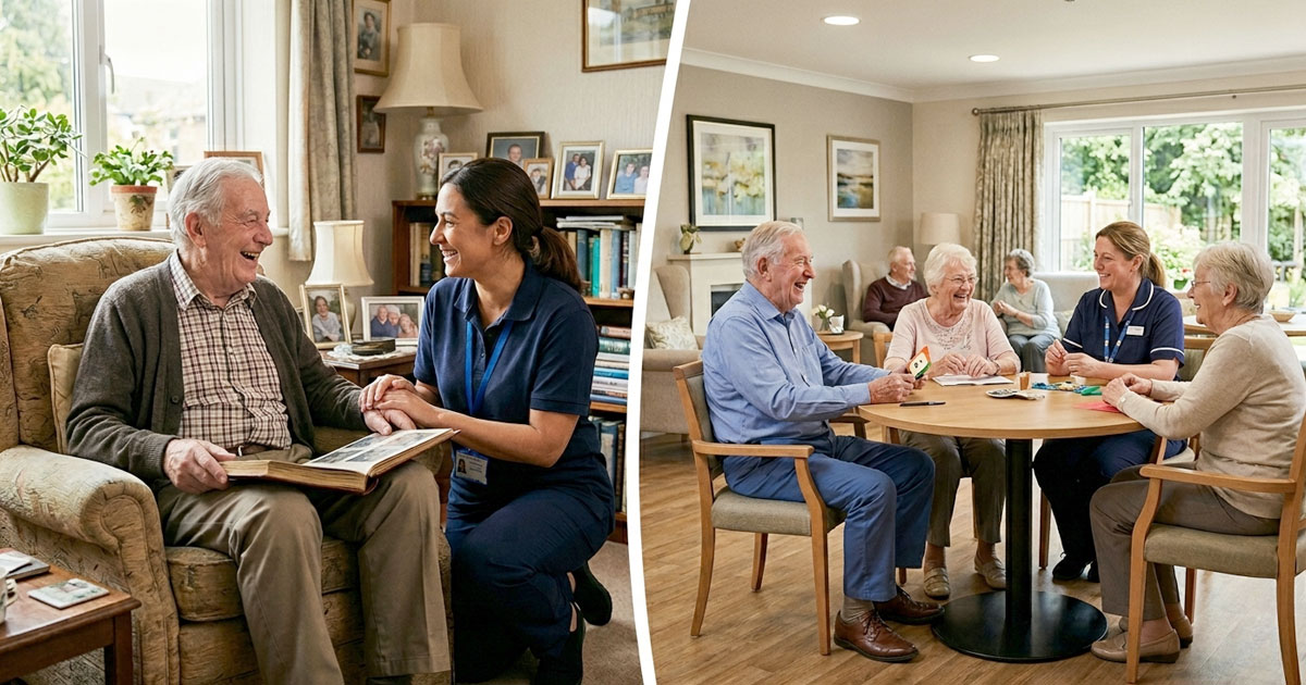 Split-screen showing home care versus care home environments for seniors