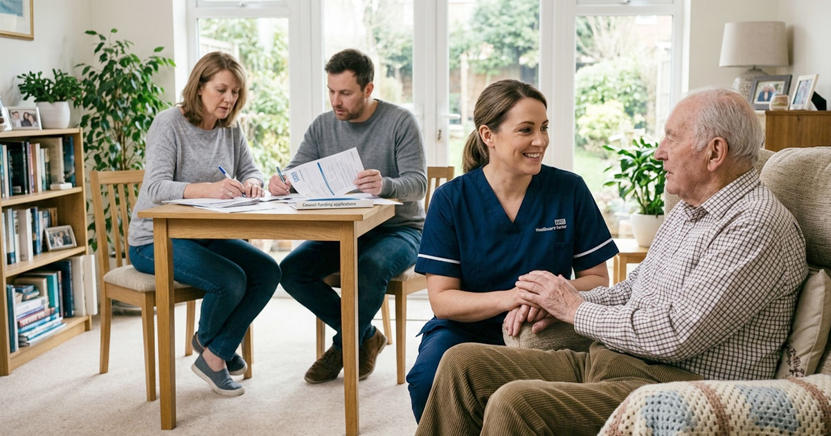 Home care worker and family reviewing council funding and NHS care documents during a home care planning meeting in England
