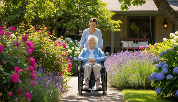 Caregiver supporting elderly woman in wheelchair outdoors — 5 Signs Your Loved One may need home help.