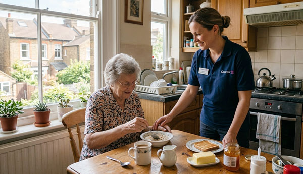 Home care worker supporting an elderly woman with daily activities — domiciliary care worker duties.
