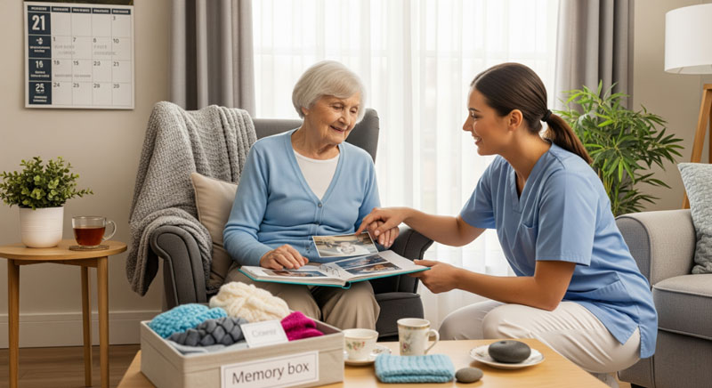 A caregiver gently interacting with an elderly woman, demonstrating compassionate Dementia & Alzheimer's Care, highlighting memory support and emotional well-being.