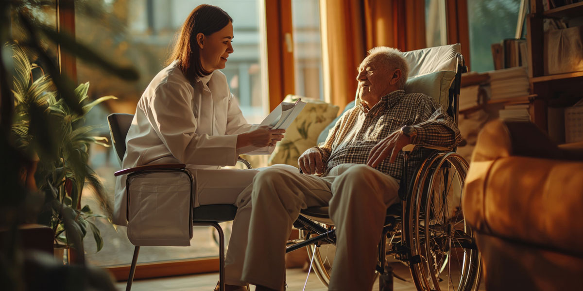 A compassionate caregiver sitting across from an elderly man in a wheelchair, engaging in conversation, representing dedicated Dementia & Alzheimer's Care.