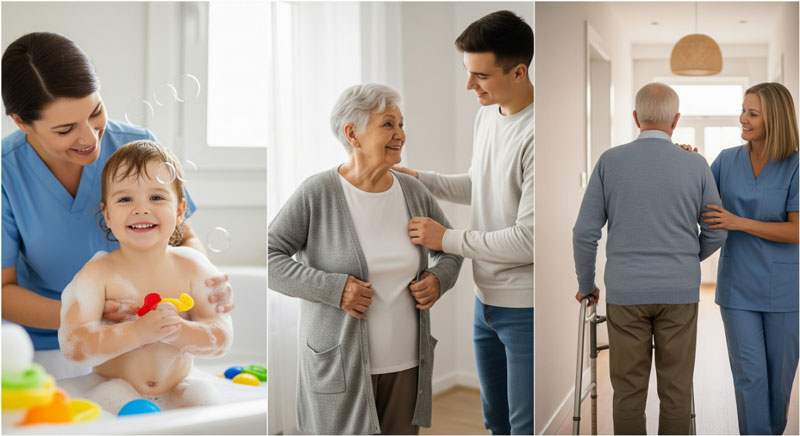 : Collage depicting dignified personal care for all ages: a caregiver assisting a child in a bubble bath, a young man helping an elderly woman with her cardigan, and a caregiver supporting a senior man using a walker, highlighting compassionate assistance.