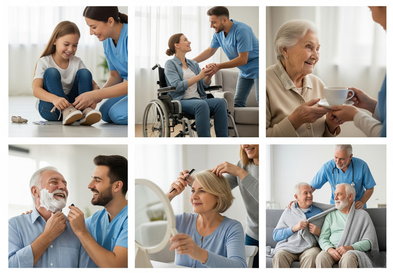 Collage showing diverse personal care for all ages, all demonstrating compassionate assistance.